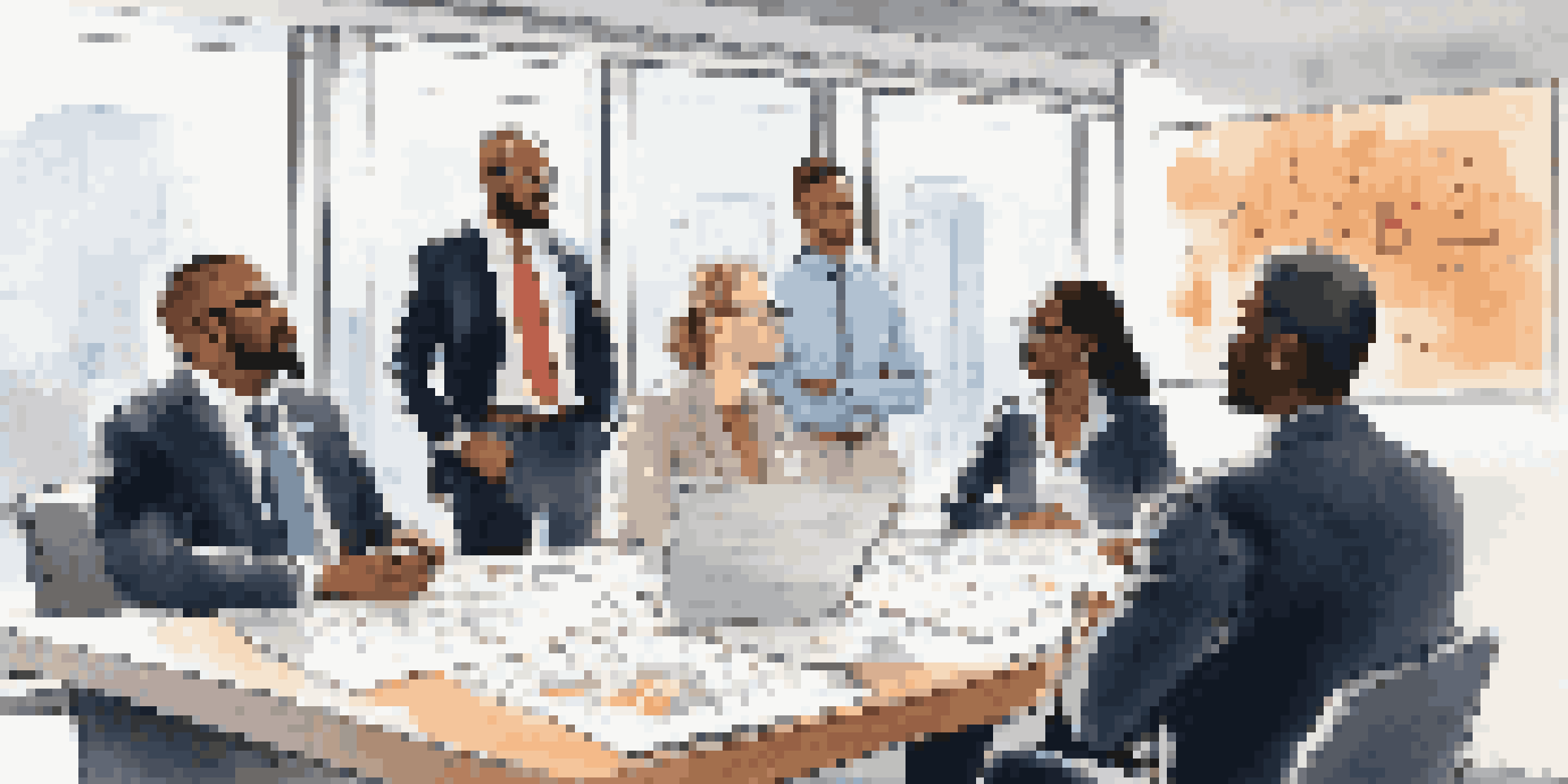 A diverse group of professionals discussing crisis management around a conference table, with a bright room and whiteboard in the background.