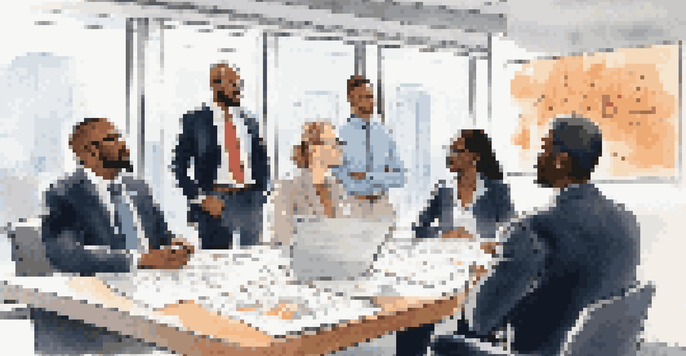 A diverse group of professionals discussing crisis management around a conference table, with a bright room and whiteboard in the background.