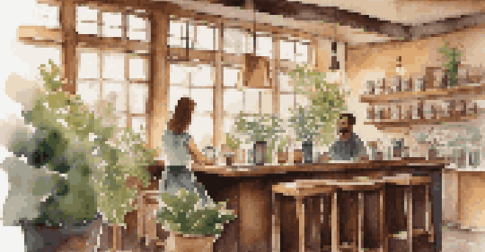 Interior of a cozy coffee shop with a smiling barista and customer, warm lighting, and wooden furniture.