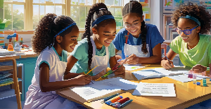 A diverse group of young girls happily participating in a science experiment together, showcasing collaboration and enthusiasm in a bright laboratory setting.