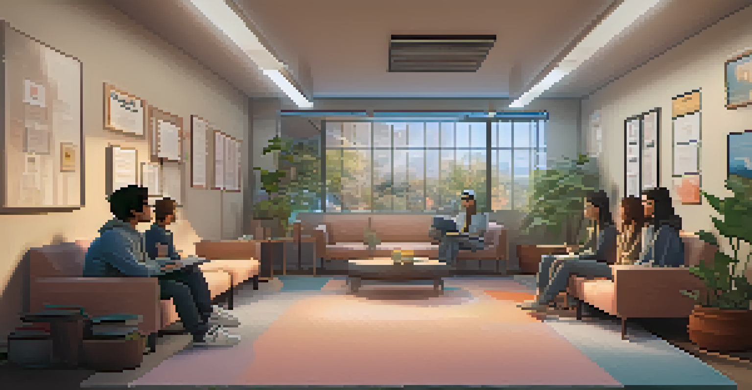 A calming support room where students discuss their feelings after a virtual reality experience, featuring soft lighting and comfortable seating.