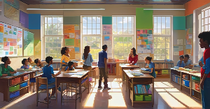 A lively classroom with diverse students working together, a teacher guiding them, and sunlight illuminating the room.