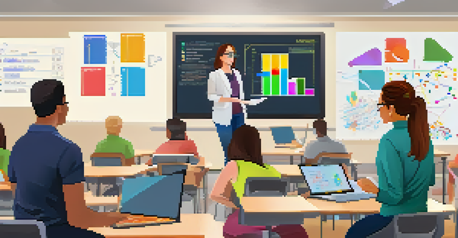 A teacher analyzing student performance data on a tablet in a colorful classroom, with a whiteboard filled with notes.