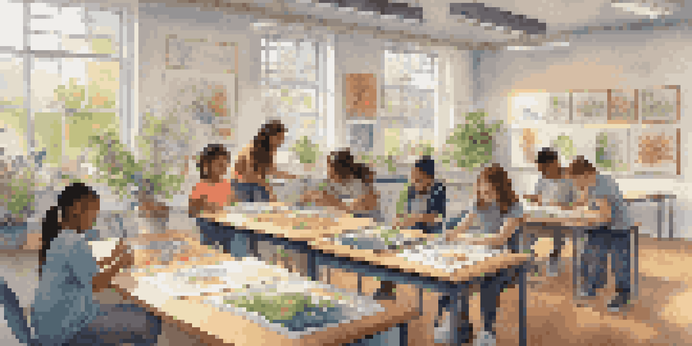 A vibrant classroom where students collaborate on a project, surrounded by educational materials and natural light.