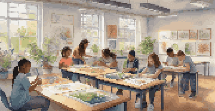 A vibrant classroom where students collaborate on a project, surrounded by educational materials and natural light.