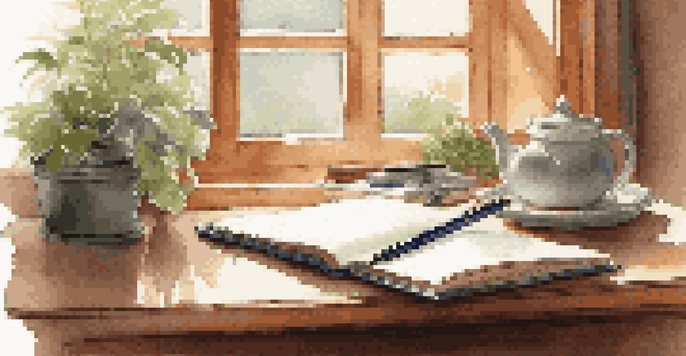 A cozy study space with an open reflective journal, a fountain pen, a cup of tea, and a potted plant under warm light.