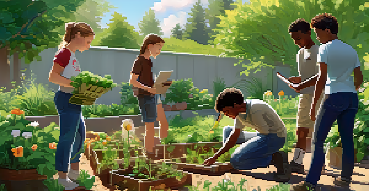 Students planting in a sustainable garden, surrounded by greenery and collaborating on their project.