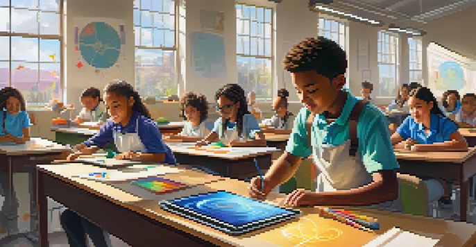 A lively classroom filled with diverse students participating in a STEM experiment, with a teacher assisting them, and bright sunlight coming through the windows.