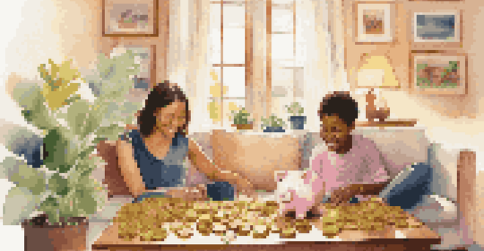 A parent and child sitting at a coffee table with piggy banks and coins, discussing saving money in a cozy living room.