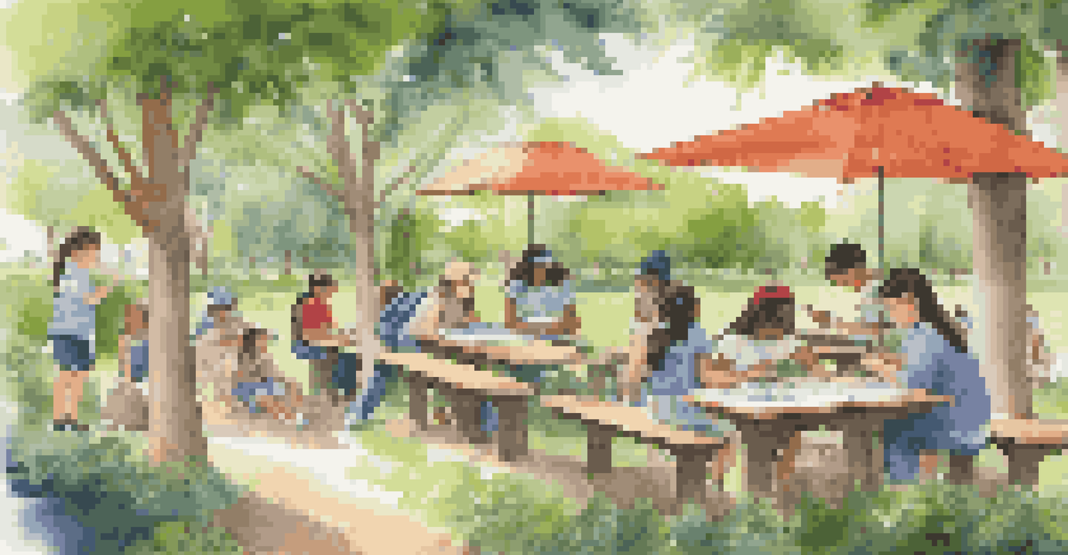 Students exploring nature and discussing in a vibrant outdoor learning environment surrounded by greenery and flowers.