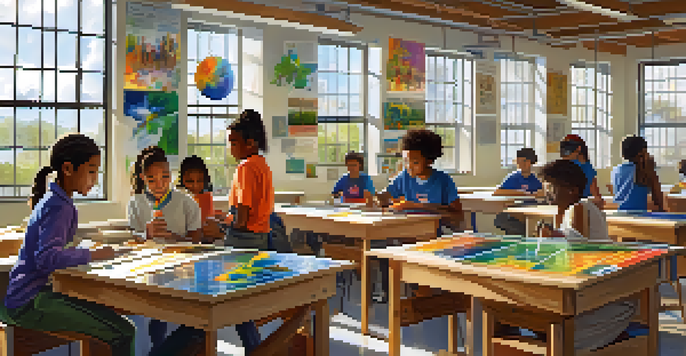 A lively classroom with diverse students working together on a solar-powered device, surrounded by sustainability posters and bright sunlight.