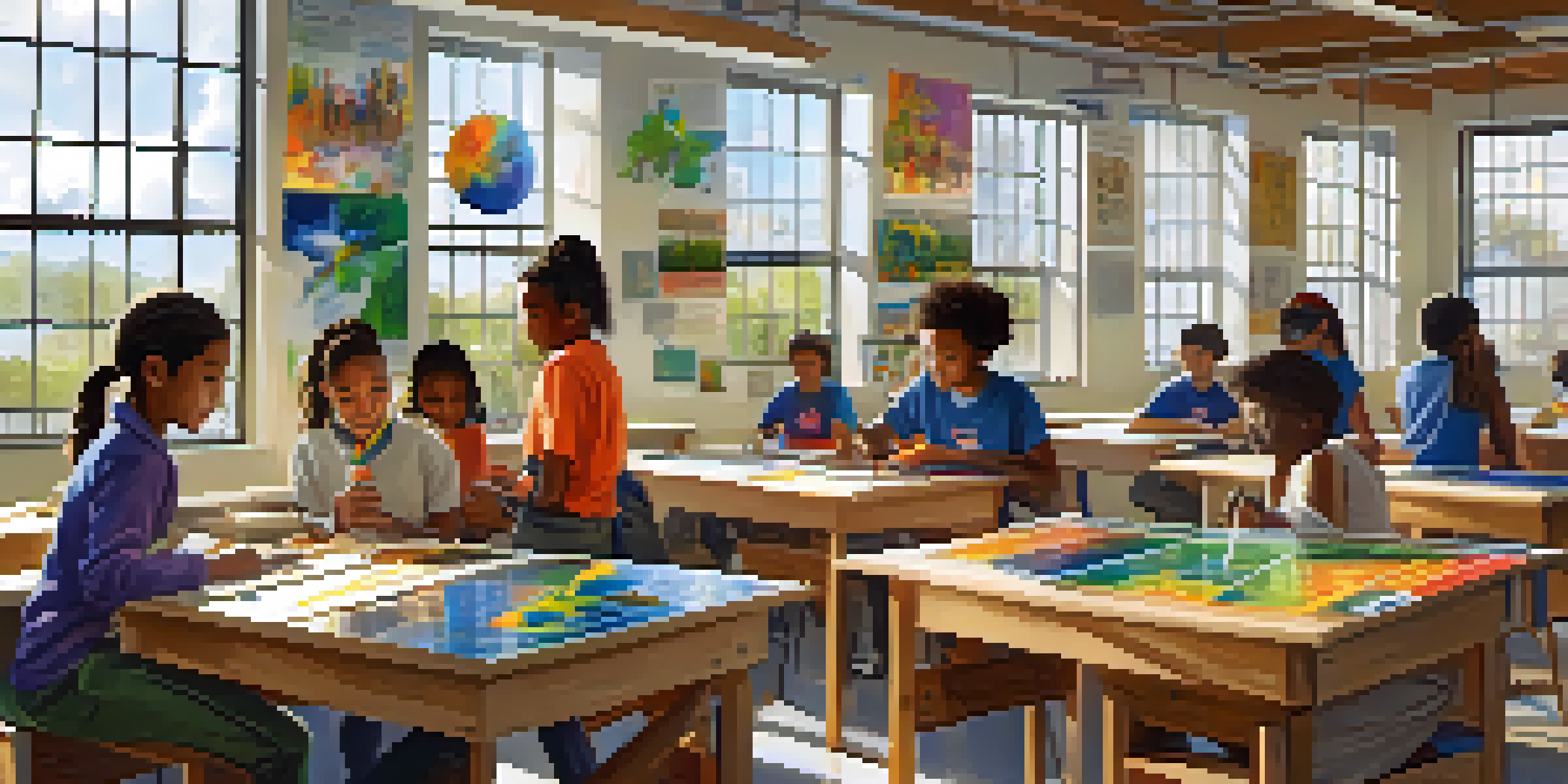 A lively classroom with diverse students working together on a solar-powered device, surrounded by sustainability posters and bright sunlight.