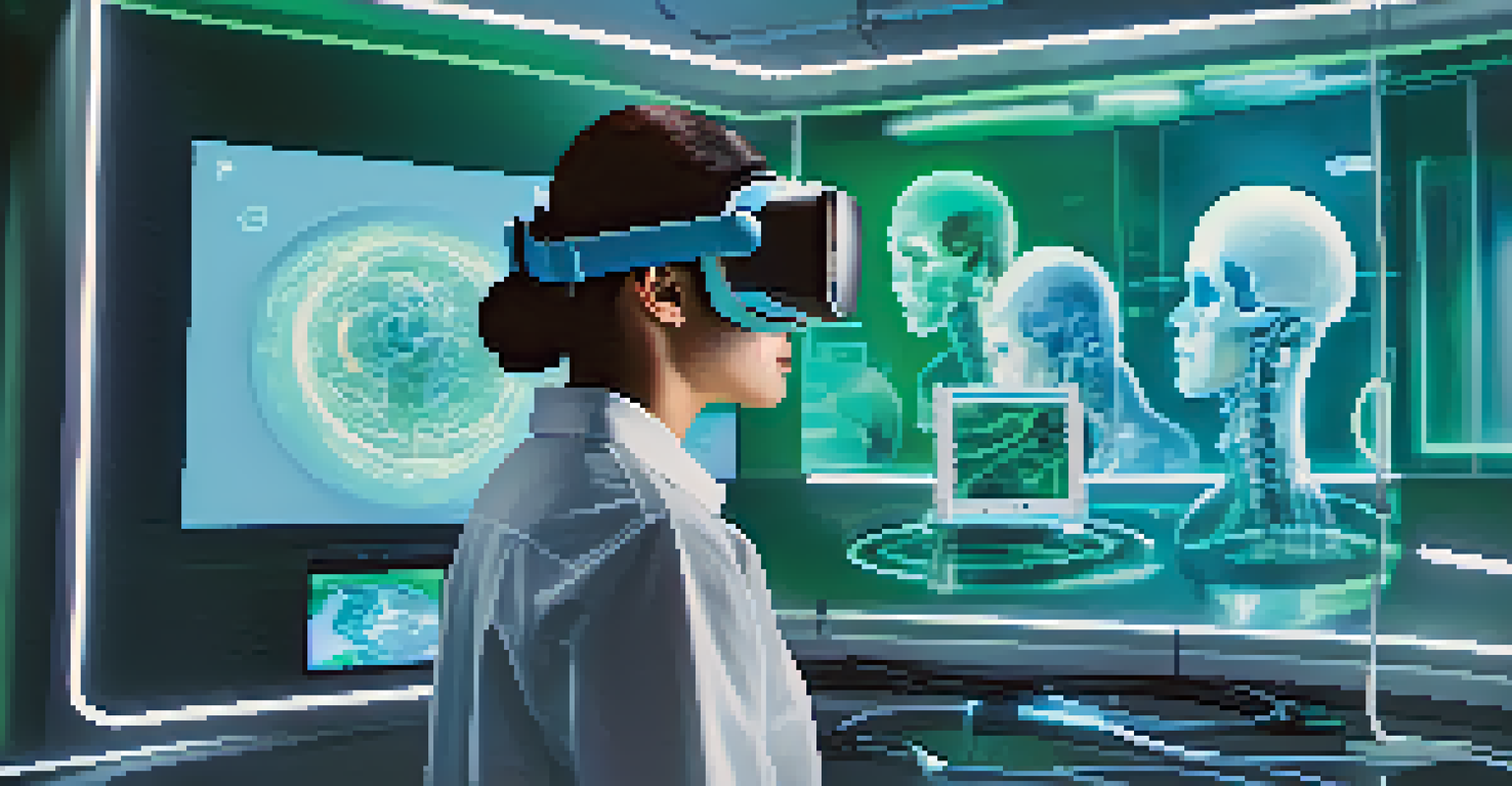 A medical student wearing a VR headset, practicing surgery in a simulated environment with a holographic human anatomy model displayed.