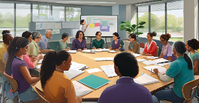 A diverse group of adult learners collaborating in a bright classroom, discussing ideas around a table with a whiteboard in the background.