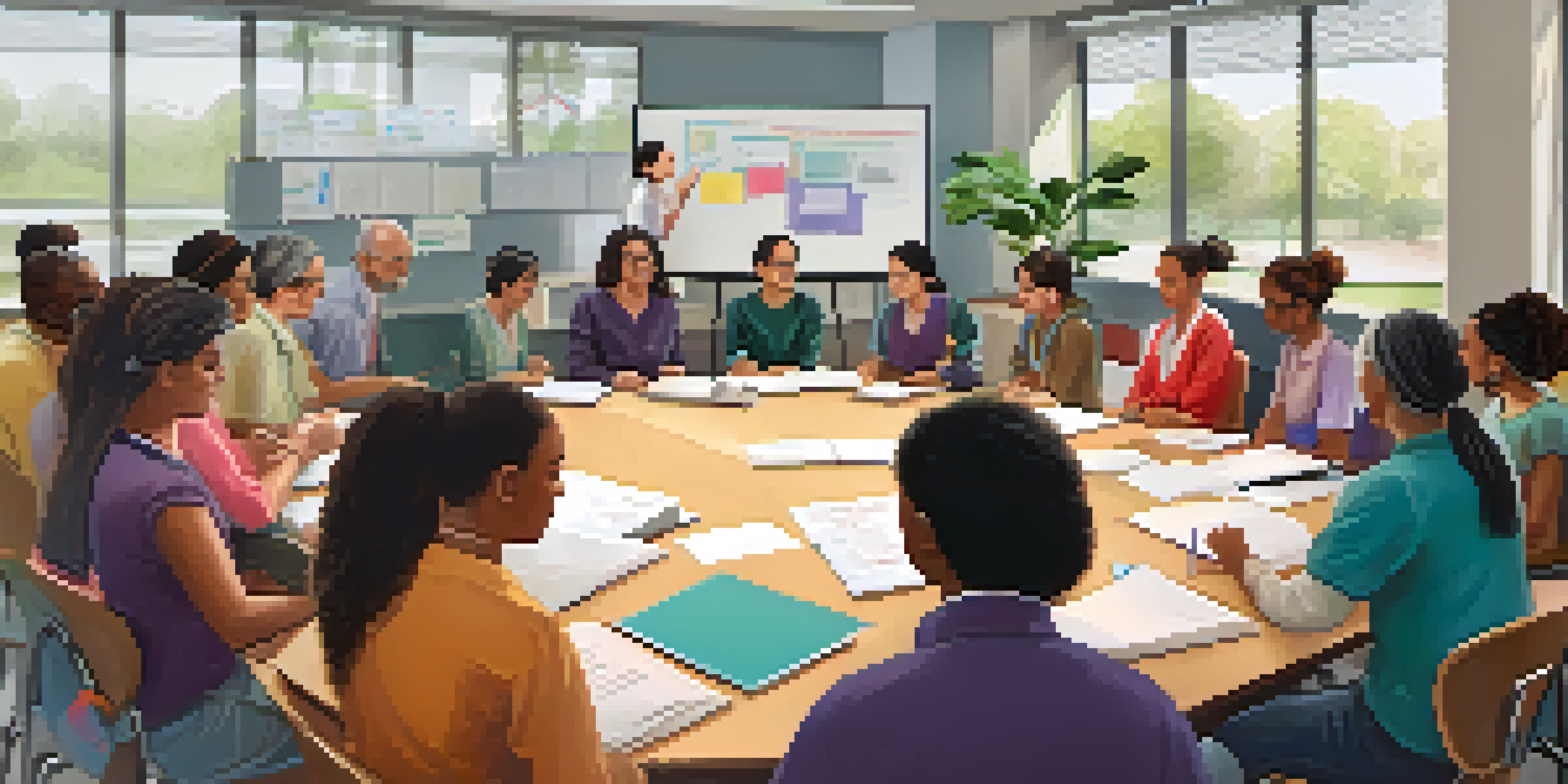 A diverse group of adult learners collaborating in a bright classroom, discussing ideas around a table with a whiteboard in the background.
