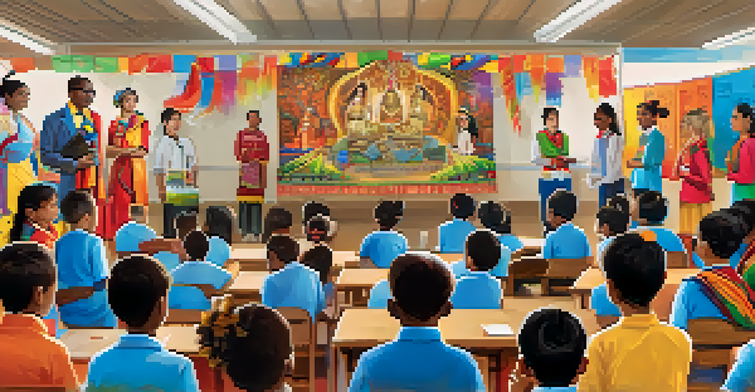 Students celebrating a multicultural language day dressed in traditional attire, showcasing their languages and cultures in a festive school environment.