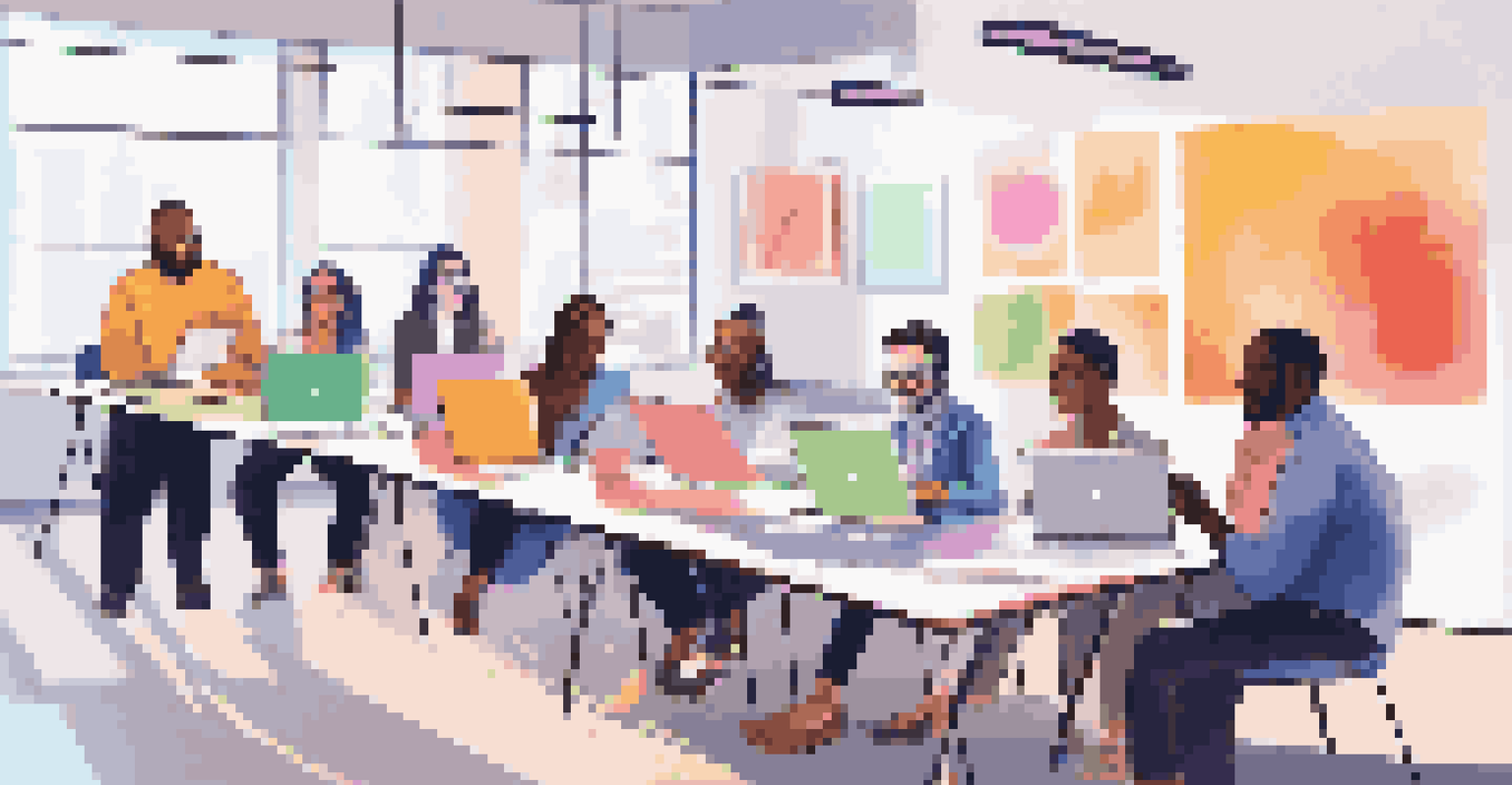 A group of professionals participating in an online workshop in a colorful conference room, showing engagement and collaboration.