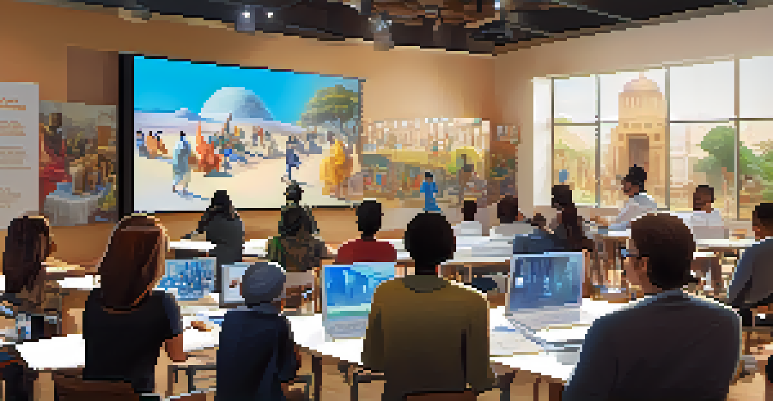 An educational workshop with a facilitator leading a blended learning session, featuring in-person attendees and digital screens, surrounded by cultural artifacts.
