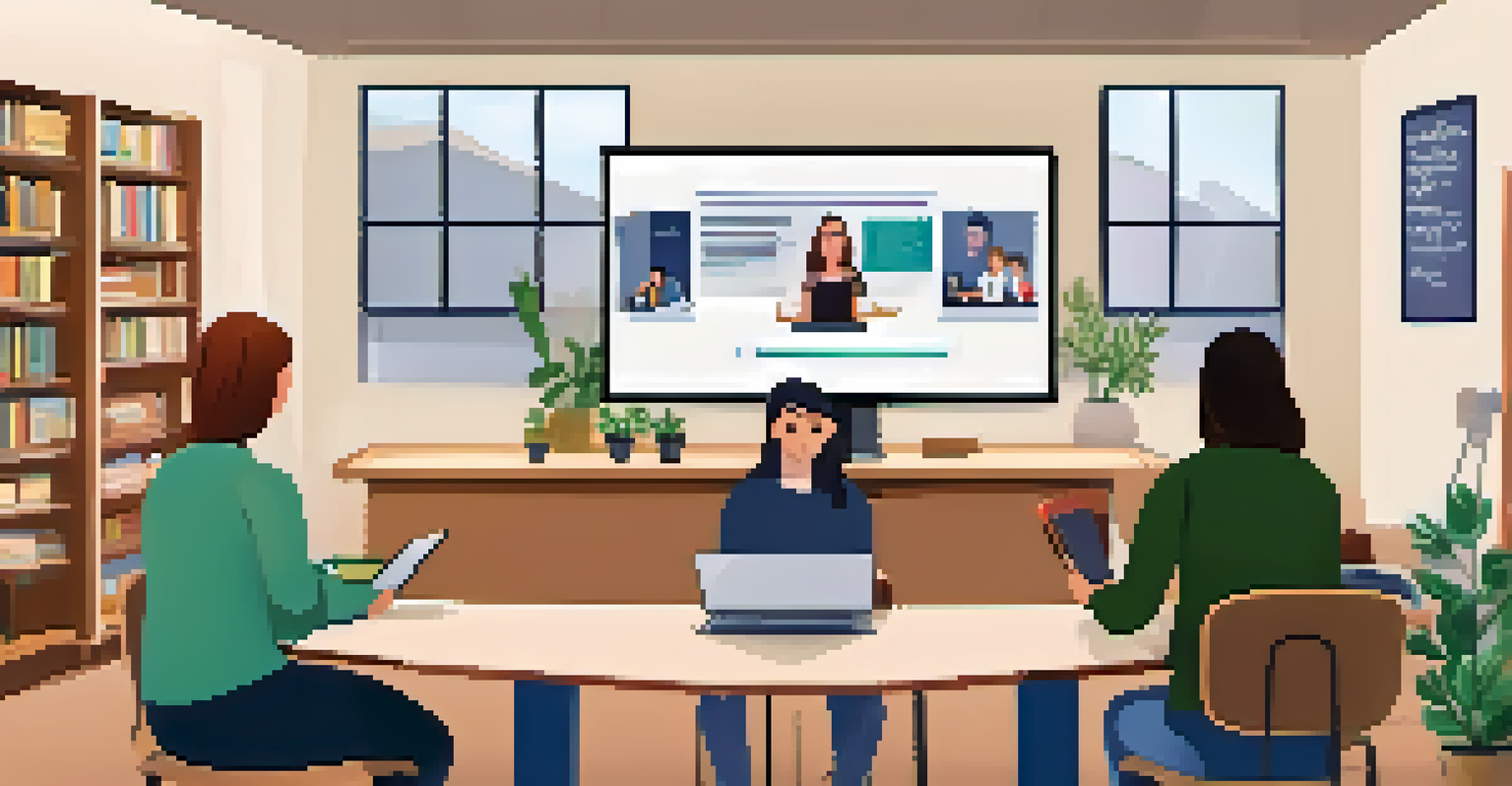 A teacher conducting an online learning session, engaging students via video call with presentations displayed on a screen.