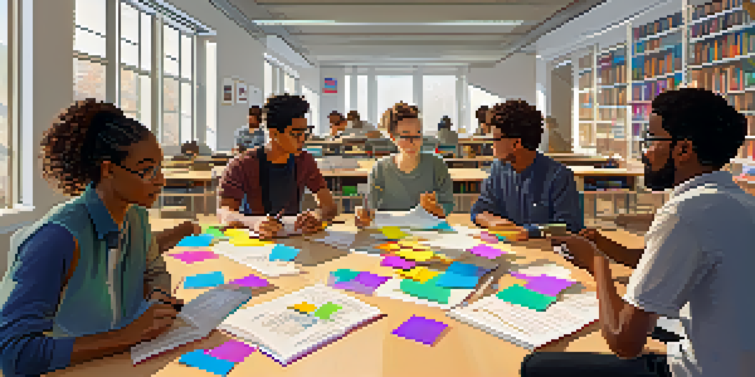 A diverse group of students in a bright classroom, collaborating with books and laptops on a large table.