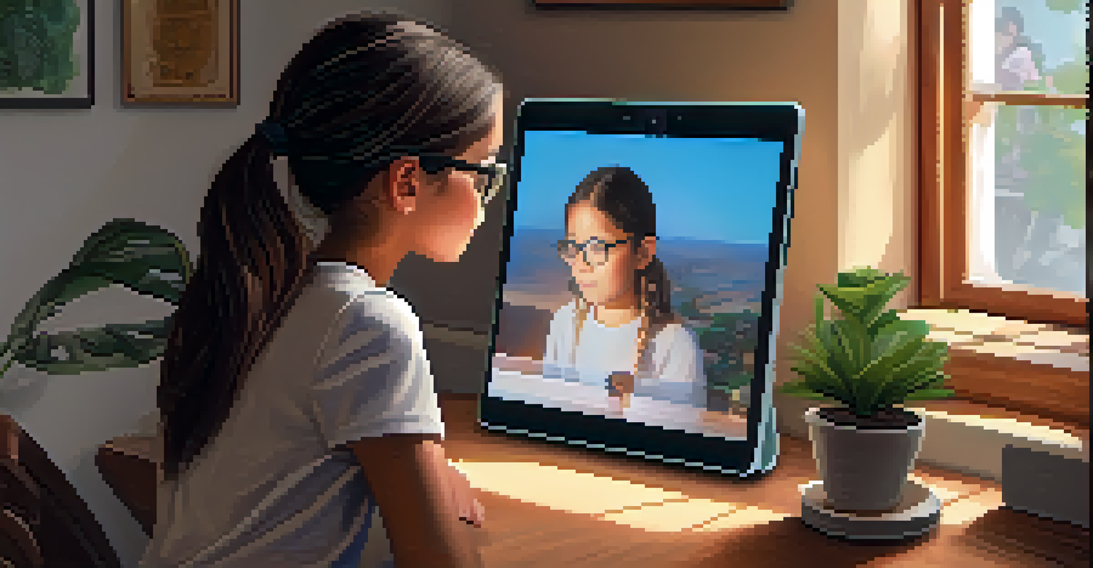 A young girl using a tablet in a cozy study nook, focusing on interactive educational content.