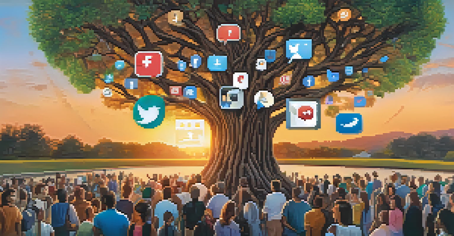 A large digital tree made of social media logos, with diverse people discussing and sharing ideas underneath, against a vibrant sunset.