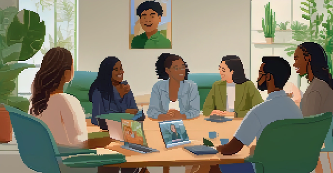 A diverse group of people participating in a lively virtual meeting on a video call, with a warm and inviting room in the background.