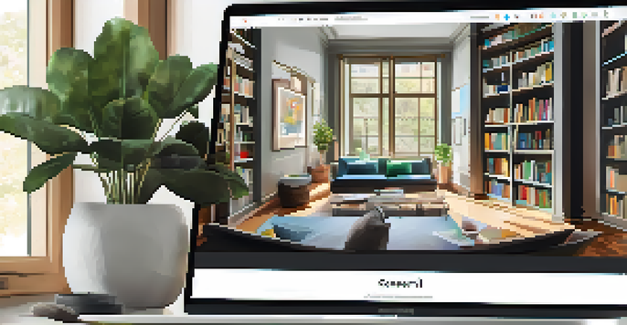 A laptop displaying a colorful digital portfolio in a cozy study environment with bookshelves and a potted plant.