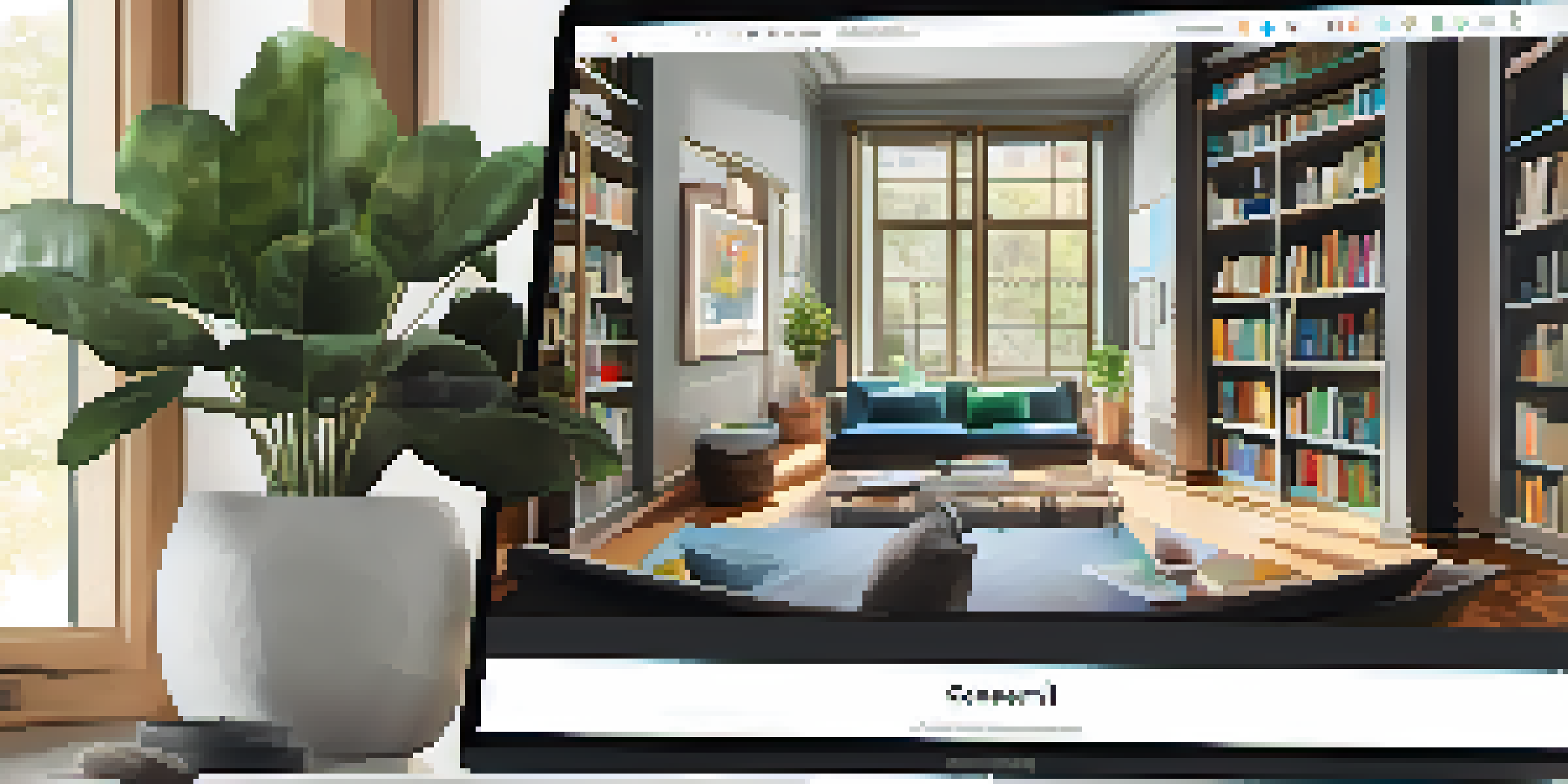 A laptop displaying a colorful digital portfolio in a cozy study environment with bookshelves and a potted plant.