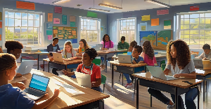 A diverse group of students working together in a bright classroom, using technology to collaborate on a project.