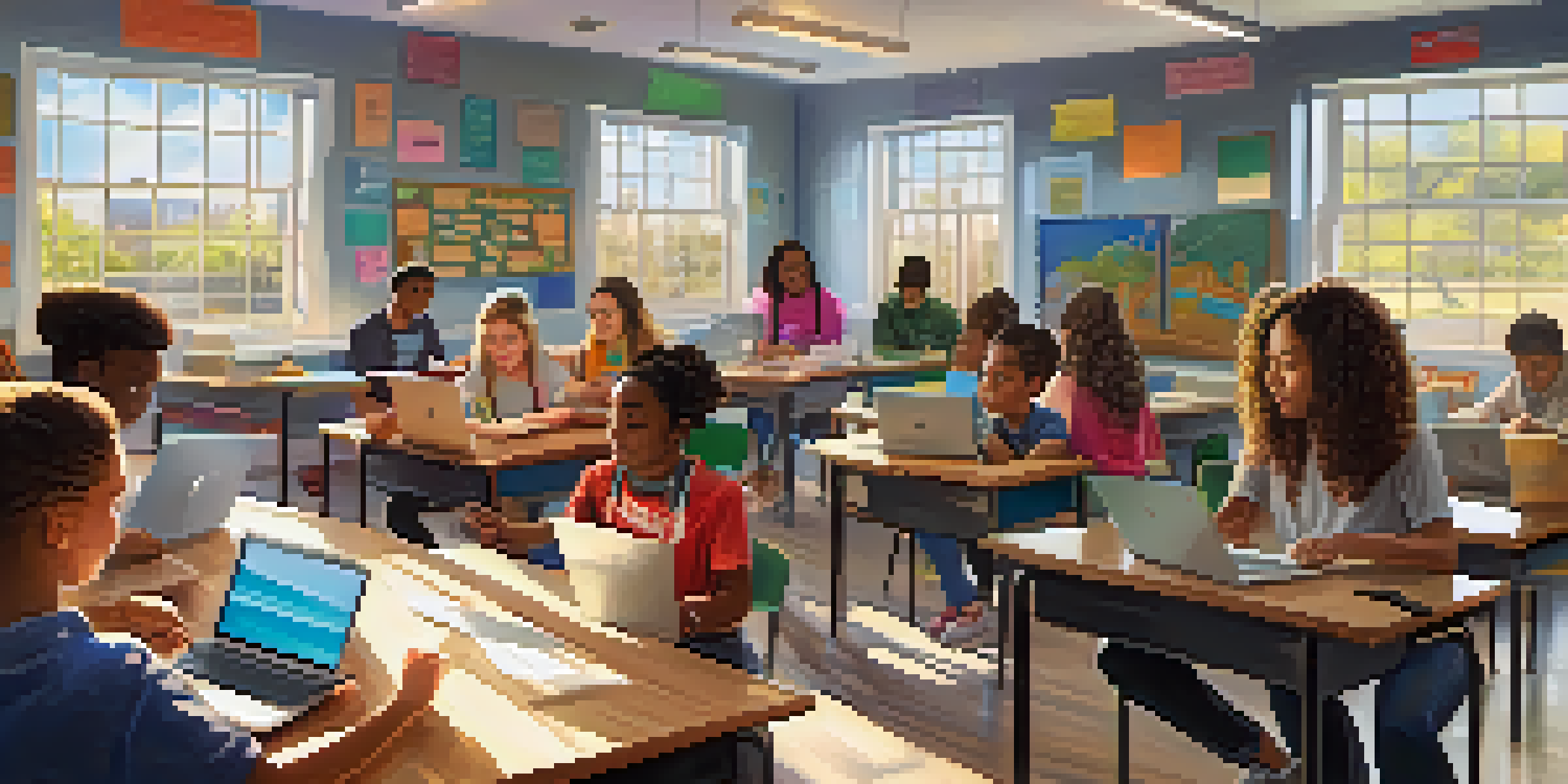 A diverse group of students working together in a bright classroom, using technology to collaborate on a project.