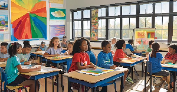A lively classroom with students collaborating on a colorful project that merges science and art, with sunlight streaming through the windows.