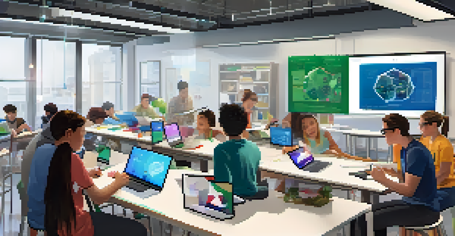 Students collaborating on a science project using augmented reality tools, discussing findings in a modern workspace.