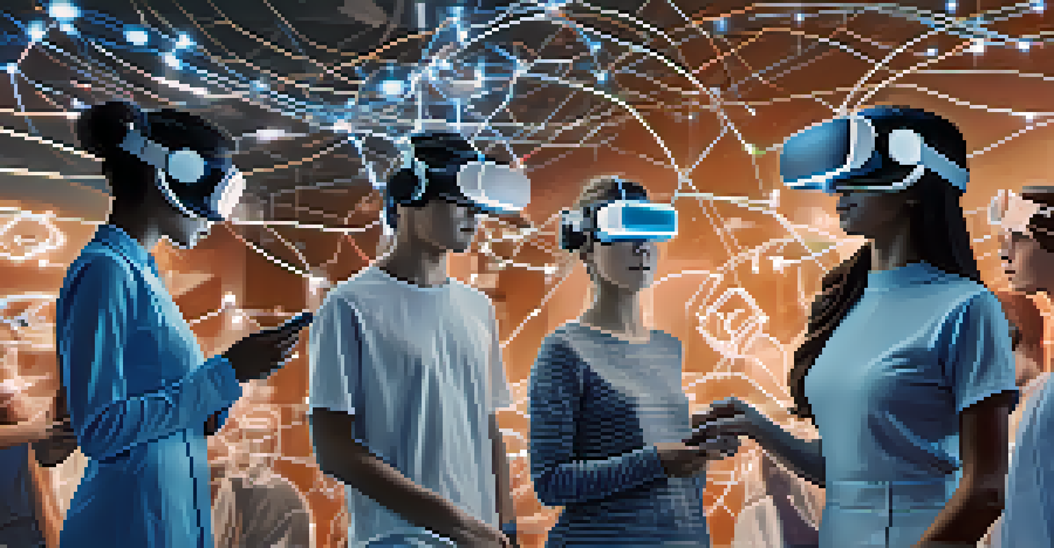 A futuristic classroom scene with students using VR headsets to explore a 3D model of the human body, surrounded by technology and glowing connections representing interactive learning.