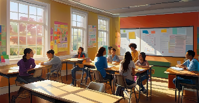 A bright and modern classroom where students are participating in group discussions, with colorful educational materials around them.