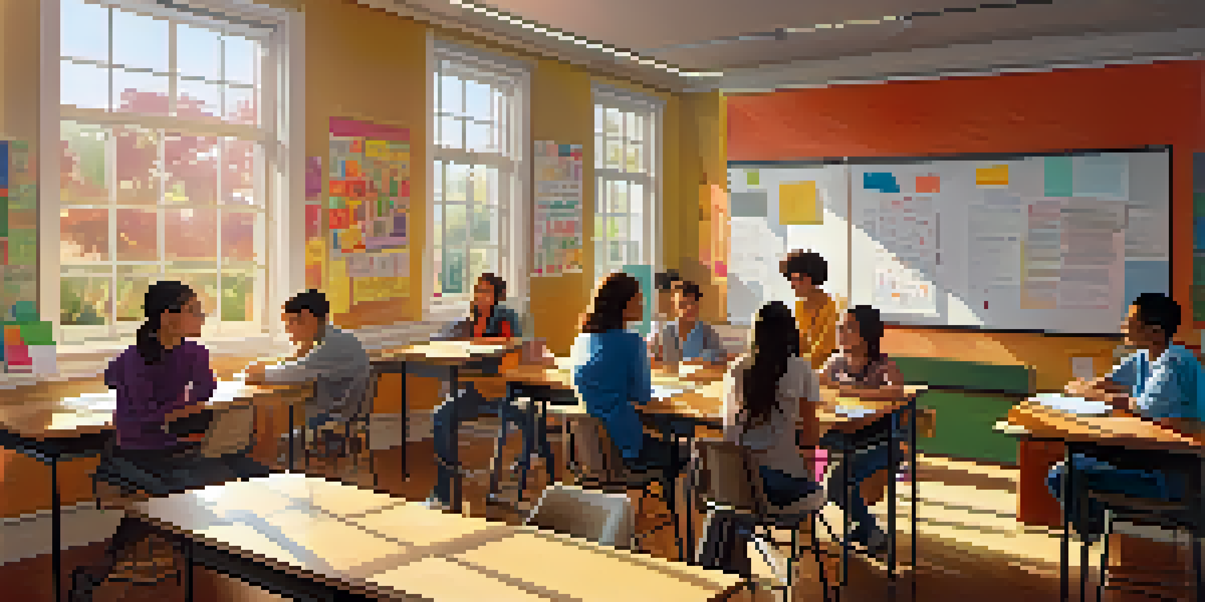 A bright and modern classroom where students are participating in group discussions, with colorful educational materials around them.
