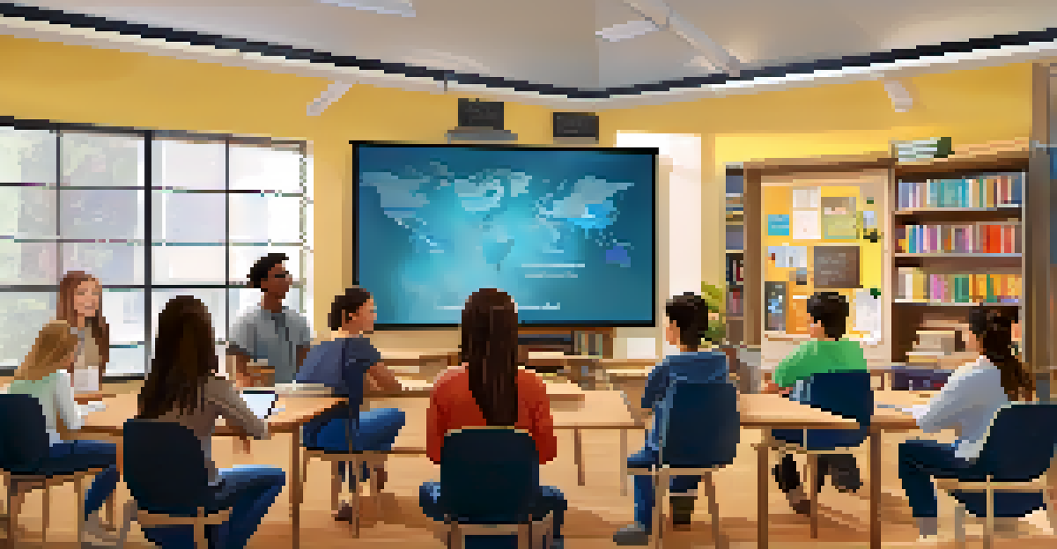 A virtual classroom scene with students shown on a video call, each in their home settings, engaged in a collaborative learning session.
