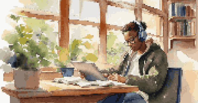 A focused student in a cafe using a tablet to study, with a cup of coffee and books around them.