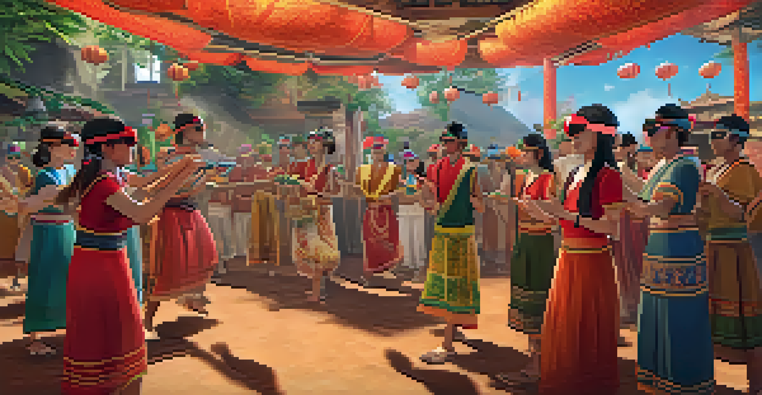 Students wearing VR headsets in a classroom, engaged in a virtual experience of a traditional festival, surrounded by animated cultural elements.