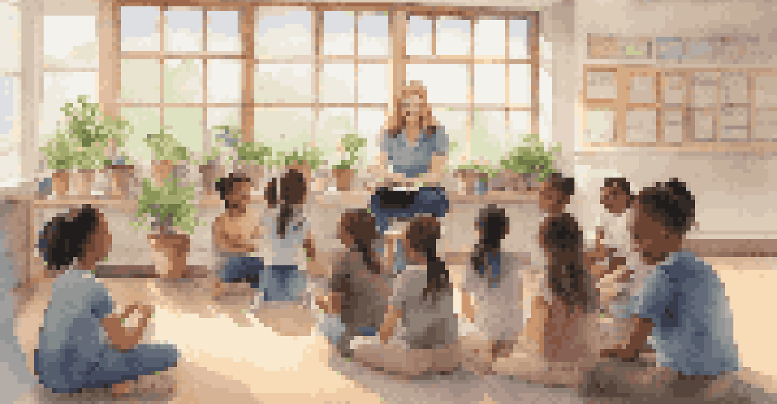 A teacher kneeling beside students in a supportive classroom, smiling and listening as they share their feelings.