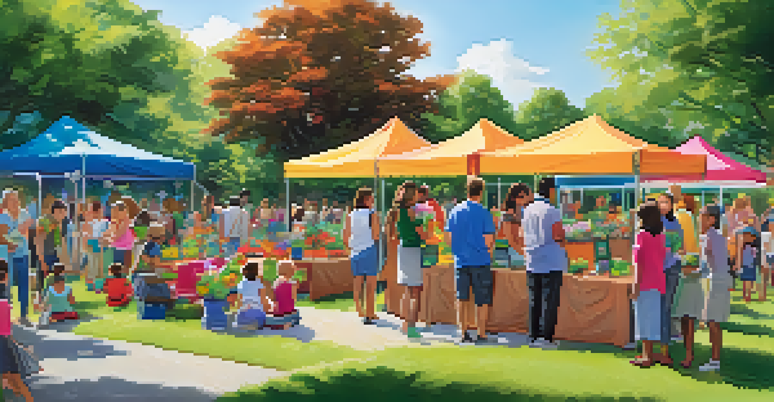 A community gathering in a park with families engaging with educators at a resource booth for early childhood education.