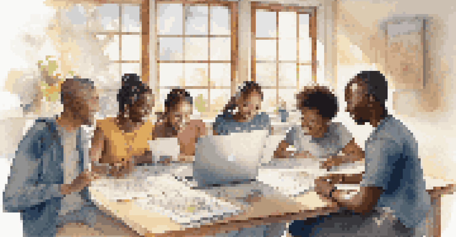 A diverse group of students collaborating on a project around a computer, filled with sketches and notes.