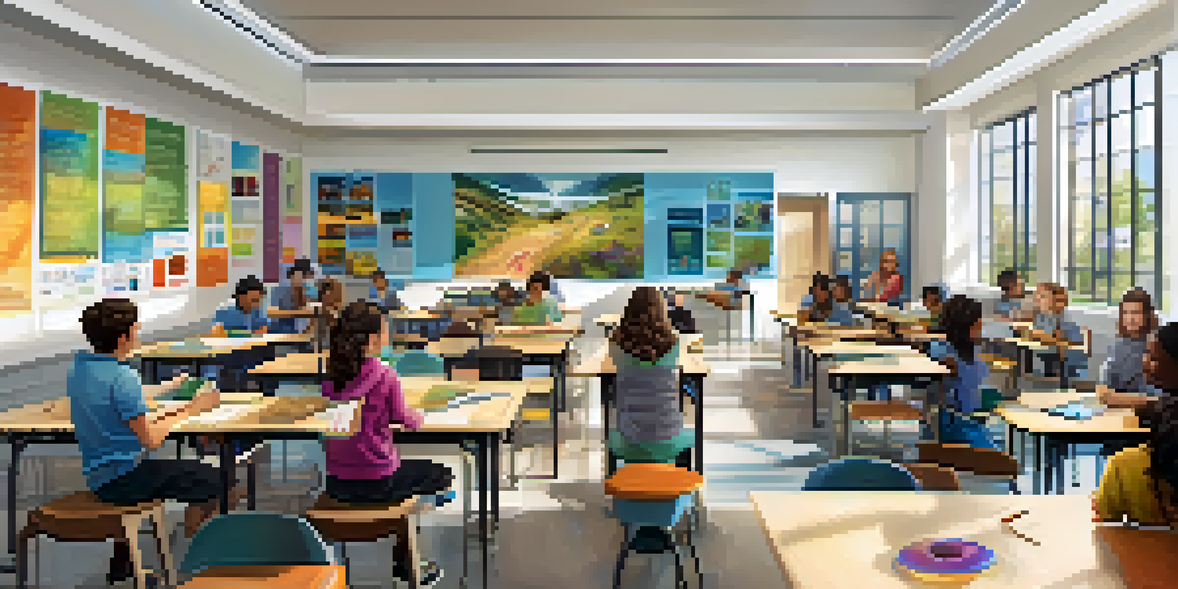 A bright classroom with students collaborating on projects, surrounded by educational posters and digital devices.