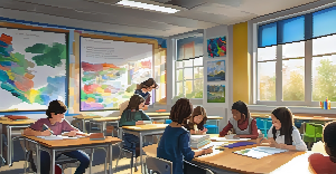 A diverse group of students in a bright classroom engaged in collaborative learning, with educational materials spread out on a round table.