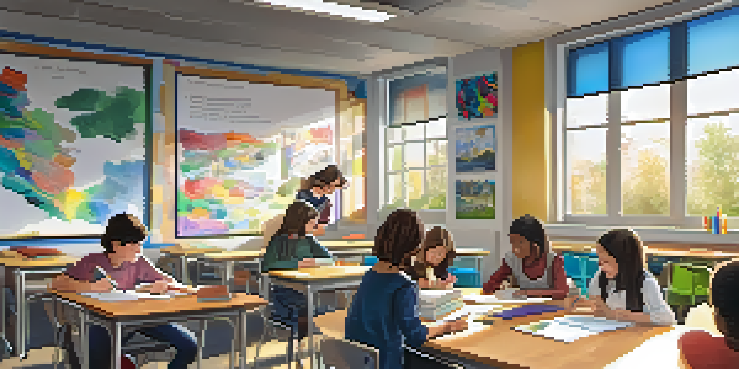 A diverse group of students in a bright classroom engaged in collaborative learning, with educational materials spread out on a round table.