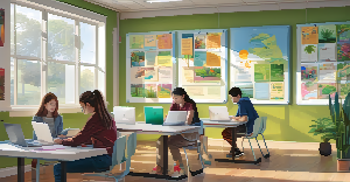 A bright classroom with students using laptops and collaborating in groups, decorated with educational posters and plants.