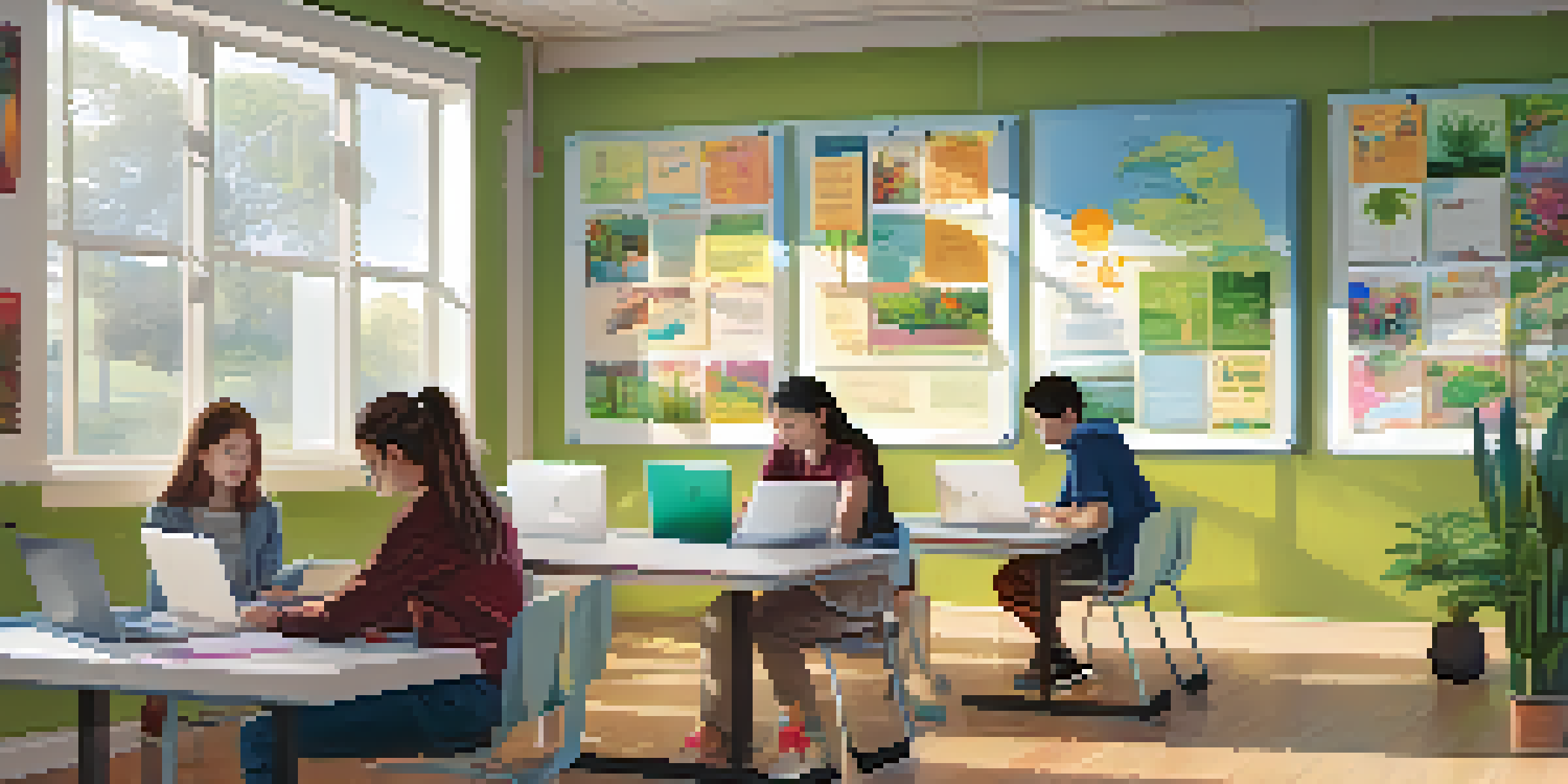A bright classroom with students using laptops and collaborating in groups, decorated with educational posters and plants.