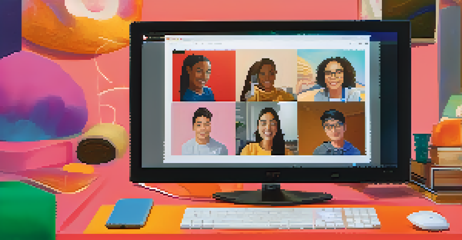 A computer screen showing a video call of enthusiastic students engaging in a discussion, highlighting personal connection.