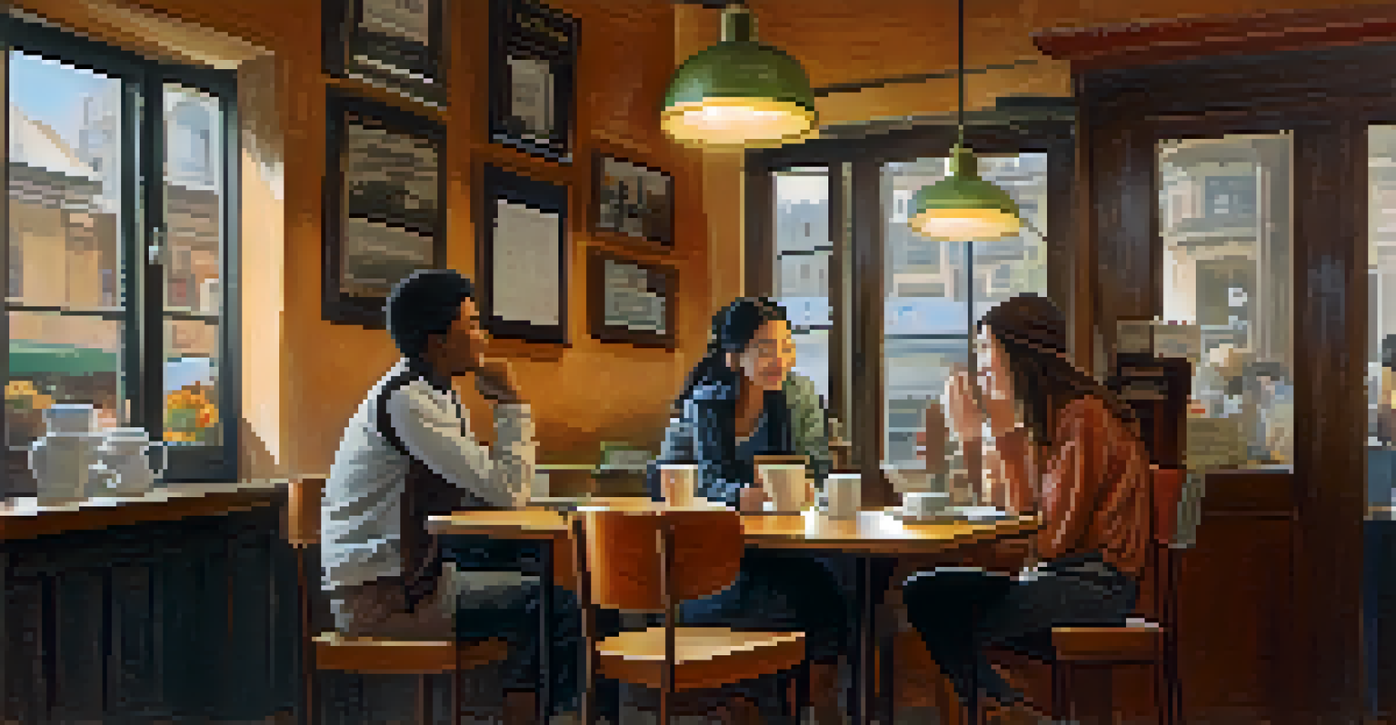 Two friends in a café practicing language together, surrounded by books and a warm ambiance, showcasing the joy of learning through conversation.