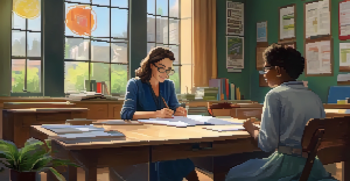 A mentor and a mentee discussing in a bright classroom, surrounded by educational materials.